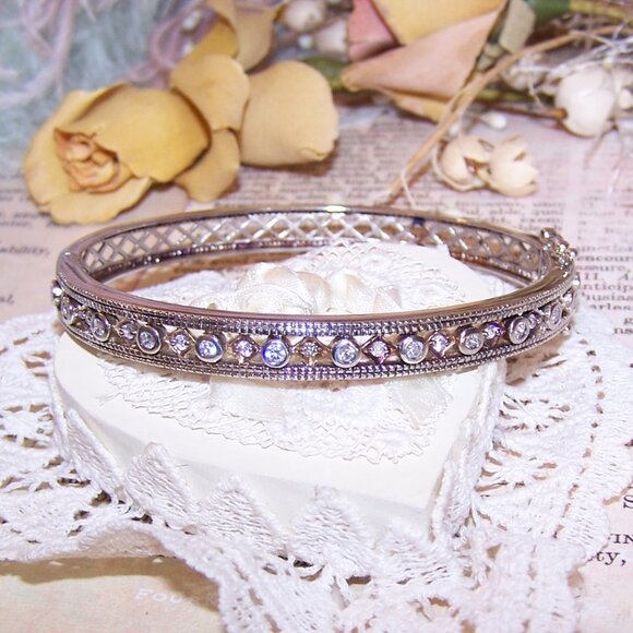 Vintage ADI Thailand Sterling Silver Cubic Zirconia CZ Hinged Bangle Bracelet - Picture 2 of 11